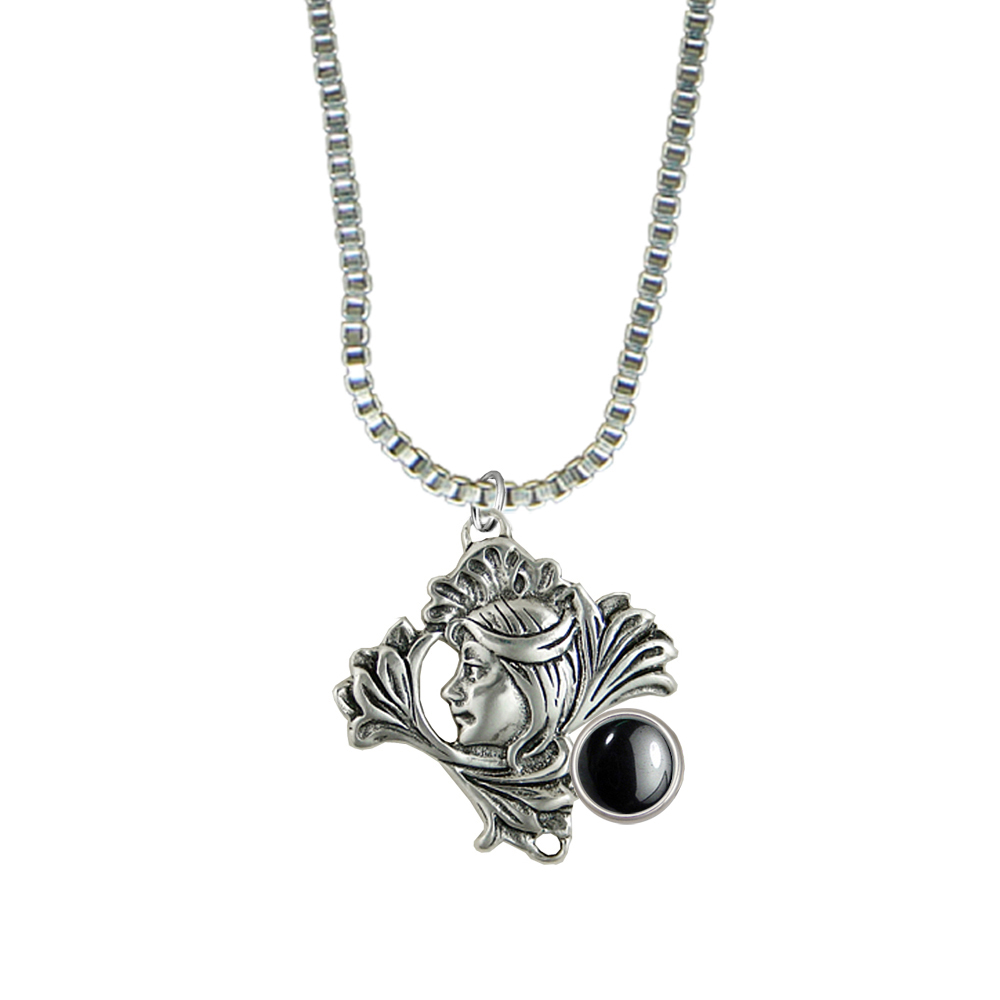 Sterling Silver Woman Maiden of the Lotus Flower Pendant Necklace With Hematite